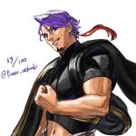  1boy black_shirt cropped_shirt duryodhana_(fate) earrings facial_hair fate/grand_order fate_(series) fusso_oekaki goatee goatee_stubble highres jewelry looking_at_viewer male_focus mature_male midriff muscular muscular_male navel purple_hair red_eyes sash shirt short_hair shoulder_sash signature simple_background single_earring smile solo upper_body white_background 
