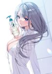  1girl blue_eyes blush bottle breasts chigusa_minori collared_shirt grey_hair highres holding holding_bottle large_breasts long_hair long_sleeves looking_at_viewer lotion_bottle original partially_unbuttoned shirt smile solo white_shirt 