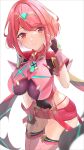  1girl absurdres armor backless_outfit blush bob_cut breasts core_crystal_(xenoblade) cowboy_shot drop_earrings earrings fingerless_gloves gloves highres impossible_clothes jewelry karuushi large_breasts looking_at_viewer pyra_(xenoblade) red_eyes red_hair red_shorts short_shorts shorts shoulder_armor smile solo swept_bangs thighhighs tiara white_background xenoblade_chronicles_(series) xenoblade_chronicles_2 