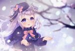  1girl :d blurry blurry_foreground blush branch capelet commission flower_knight_girl frilled_capelet frills from_above grey_hair hair_between_eyes hat long_hair long_sleeves looking_up pico_(p_i_c_o) pulmonaria_(flower_knight_girl) purple_eyes skeb_commission smile snow solo 
