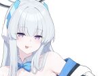  1girl :p alternate_costume aqua_bow bare_shoulders blue_archive blunt_bangs bow bowtie detached_collar grey_hair halo long_hair looking_at_viewer meme noa_(blue_archive) off_shoulder purple_eyes raised_eyebrow reia_76 tongue tongue_out traditional_bowtie twitter_rabbit_ears_(meme) 