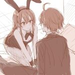  1boy 1girl ahoge animal_ears bed bow bowtie collared_shirt hikigaya_hachiman leotard light_blush on_bed pillow playboy_bunny ponpon_(ponpon62126) shirt short_hair wrist_cuffs yahari_ore_no_seishun_lovecome_wa_machigatteiru. yukinoshita_yukino 