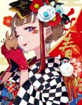  1girl 2019 animal black_bow blonde_hair blue_eyes boar bow brown_hair checkered_clothes checkered_kimono chinese_zodiac closed_mouth earrings eyeshadow facial_tattoo flower flower_tattoo gloves gold_trim hair_bow hair_flower hair_ornament hands_up highres holding holding_animal japanese_clothes jewelry kimono lipstick long_sleeves looking_at_viewer makeup multicolored_hair obi obijime one_eye_closed original red_eyes red_eyeshadow red_flower red_gloves red_hair red_kimono red_lips sash short_hair short_hair_with_long_locks sidelocks smile solo streaked_hair tattoo two-tone_eyes upper_body white_flower white_hair white_kimono wide_sleeves year_of_the_pig yellow_bow yuu_(higashi_no_penguin) 
