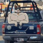  anthro big_pecs blackma_paradox canid canine canis car domestic_dog edited_photo eyewear goggles hi_res humor male mammal muscular muscular_male pecs pit_bull police police_car solo vehicle 