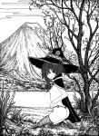  1girl ass asymmetrical_legwear bandaged_leg bandages black_cape black_panties breasts cape from_side greyscale hat highres kono_subarashii_sekai_ni_shukufuku_wo! lake long_hair looking_at_viewer ltstry megumin micro_panties monochrome mountain nipples o-ring o-ring_bottom o-ring_panties outdoors panties small_breasts solo string_panties underwear witch_hat 