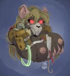 2023 amputee anthro band-aid bandage bethany_(yawg) blonde_hair book breast_grab breasts brown_body brown_fur cybernetic_arm cybernetic_limb disability ear_piercing ear_ring female fur gas_mask glowing glowing_eyes gun_arm hair hand_on_breast long_hair looking_at_viewer mammal mask nipples object_between_breasts piercing pink_nipples rat_ogre red_eyes ring_piercing rodent skaven solo warhammer_(franchise) wearing_mask yawg 