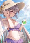  1girl angel_wings bikini bird blue_sky breasts cleavage collarbone crescent cup drinking_glass flower frilled_bikini frills front-tie_bikini_top front-tie_top grey_hair hand_in_own_hair hat high-waist_bikini highres holding holding_cup kishin_sagume medium_breasts navel niko_kusa ocean purple_bikini red_eyes seagull short_hair single_wing sky solo standing stomach straw_hat sunflower swimsuit touhou wings 