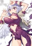  1girl absurdres breasts dress feathered_wings gunnjou_yosio highres kishin_sagume large_breasts open_mouth panties purple_dress red_eyes single_wing smoke solo tearing_up teeth torn_clothes touhou underwear upper_teeth_only white_hair white_panties wings 