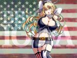  1girl american_flag_background american_flag_legwear asymmetrical_legwear blonde_hair blue_eyes breasts character_name cleavage cowboy_shot elbow_gloves flag_print front-tie_top garter_straps gloves hair_between_eyes headgear highres iowa_(kancolle) kantai_collection large_breasts long_hair looking_at_viewer mismatched_legwear open_mouth oso_(toolate) skirt solo star-shaped_pupils star_(symbol) striped striped_skirt striped_thighhighs symbol-shaped_pupils thighhighs twitter_username vertical-striped_skirt vertical-striped_thighhighs vertical_stripes web_address white_background 