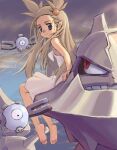  1girl arm_support bare_arms barefoot blonde_hair closed_mouth cloud cloudy_sky commentary_request day dress feet hair_bobbles hair_ornament jasmine_(pokemon) long_hair looking_to_the_side lowres magnemite outdoors pokemon pokemon_(creature) pokemon_(game) pokemon_gsc riding riding_pokemon saitou_teikoku sitting sky soles steelix toes two_side_up white_dress 