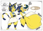  animal_crossing ankha_(animal_crossing) anthro belly big_belly blue_body blue_eyes blue_fur blue_hair blush bodily_fluids breasts butt clothing crying dialogue domestic_cat felid feline felis female fur hair hi_res hyper hyper_belly mammal multicolored_body multicolored_fur nintendo open_mouth rumbling_stomach solo sound_effects speech_bubble stuffing tears text thick_thighs veryfilthything wide_eyed yellow_body yellow_fur 