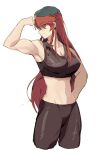  1girl arm_up armpits biceps black_sports_bra braid breasts highres hong_meiling large_breasts liangyilin looking_at_viewer muscular muscular_female pants smile sports_bra touhou twin_braids white_background 