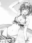 1girl ;d absurdres arm_up belt bikini blush breasts cleavage clothes_pull collarbone dutch_angle greyscale hair_between_eyes hairband hat_ornament head_tilt highres hololive looking_at_viewer medium_breasts monochrome nanashi_(nlo) navel one_eye_closed short_hair shorts shorts_pull smile solo sparkle star_(symbol) star_hat_ornament stomach striped striped_bikini subaru_duck swimsuit tokino_sora virtual_youtuber wristband 