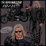  1boy alternate_costume big_nose black_jacket collage full_body gun highres holding holding_gun holding_weapon hunter_x_hunter jacket leather leather_jacket long_hair male_focus morel_mackernasey nkwtsrsk_hh no_eyebrows on_motorcycle shirt standing sunglasses terminator_(series) upper_body weapon wrinkled_skin 