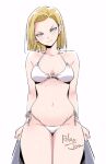  1girl android_18 bikini blonde_hair blue_eyes breasts dragon_ball dragon_ball_z full_body large_breasts looking_at_viewer micro_bikini navel relaxjon short_hair signature simple_background solo swimsuit white_background white_bikini 