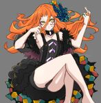  1girl bare_legs bare_shoulders black_dress bow closed_mouth cu9x9nelll2 dress fire_emblem fire_emblem_engage fur_trim highres long_hair orange_hair panette_(fire_emblem) playing_with_own_hair short_bangs solo white_bow yellow_eyes 