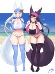  &gt;:) 2girls alternate_breast_size alternate_costume animal_ears ass_visible_through_thighs beach bikini black_hair black_thighhighs blue_eyes blue_thighhighs breasts claw_pose cleavage commission curvy fox_ears fox_girl fox_tail gollizo granblue_fantasy grin highres huge_breasts long_hair multiple_girls navel ocean ponytail purple_eyes signature skeb_commission smile societte_(granblue_fantasy) sports_bra stomach swimsuit tail thigh_gap thighhighs v-shaped_eyebrows very_long_hair visor_cap white_hair yuel_(granblue_fantasy) 