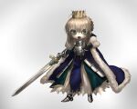  1girl ahoge armor artoria_pendragon_(fate) black_gloves blonde_hair blue_cape braid braided_bun breastplate cape chestnut_mouth chibi commentary_request crown dress excalibur_(fate/stay_night) fate/grand_order fate_(series) full_body fur-trimmed_cape fur_trim gauntlets gloves green_dress green_eyes hair_bun highres holding holding_sword holding_weapon layered_dress looking_at_viewer narue open_hand open_mouth outstretched_hand pelvic_curtain sabaton saber serious short_hair sidelocks simple_background skirt solo standing sword weapon white_background white_skirt 