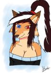  2023 absurd_res accessory anthro black_hair blue_eyes bow_ribbon canid canine clothed clothing digital_drawing_(artwork) digital_media_(artwork) elizabeth_fox eqf18 fan_character female fox hair hair_accessory hair_bow hair_ribbon half_body hi_res mammal ponytail_(hair) red_eyes ribbons smile solo watercolor_background watermark 