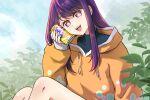  1girl can commentary_request happy highres hood hoodie hoshino_ai_(oshi_no_ko) looking_at_viewer nicha60606 open_mouth oshi_no_ko plant purple_eyes purple_hair sky star-shaped_pupils star_(symbol) symbol-shaped_pupils turtleneck 