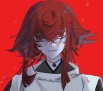 1boy absurdres close-up closed_mouth hair_strand highres japanese_clothes long_bangs looking_at_viewer male_focus medium_hair messy_hair nukemaru_(touken_ranbu) og3_gg red_background red_eyes red_hair sidelocks smile solo touken_ranbu upper_body 
