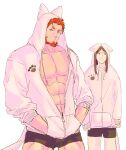  2boys abs alternate_costume animal_ears bara bare_pectorals beard black_male_underwear boxers cat_ears cat_tail facial_hair fake_animal_ears fake_tail fate/grand_order fate_(series) feet_out_of_frame highres hood hood_up hoodie iskandar_(fate) jacket large_pectorals looking_at_viewer lord_el-melloi_ii male_focus male_underwear multiple_boys muscular muscular_male open_clothes open_jacket partially_unzipped paw_print pectorals pink_hoodie puckered_lips red_eyes red_hair shababuru short_hair sideways_glance tail unamused underwear waver_velvet wide_oval_eyes 