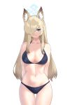  1girl absurdres animal_ear_fluff animal_ears arms_behind_back ass_visible_through_thighs bare_arms bare_legs bare_shoulders bikini black_bikini blonde_hair blue_archive blue_halo breasts cleavage closed_mouth collarbone cowboy_shot grey_eyes hair_over_one_eye halo highres hrna kanna_(blue_archive) large_breasts long_hair looking_at_viewer simple_background solo swimsuit thigh_gap white_background 