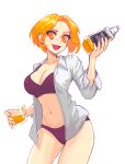  1girl :d alcohol bottle bra breasts cleavage cup fang hcnone holding holding_bottle holding_cup looking_at_viewer midriff navel open_clothes open_mouth orange_hair original panties revision shirt short_hair simple_background smile solo standing underwear whiskey whiskey_(hcnone) white_background white_shirt yellow_eyes 