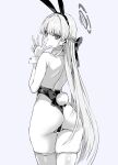  1girl animal_ears asanagi ass bare_back bare_shoulders blue_archive braid commentary_request double_v fake_animal_ears from_behind grey_background greyscale halo highres long_hair looking_at_viewer monochrome official_alternate_costume playboy_bunny rabbit_ears solo thighhighs toki_(blue_archive) toki_(bunny)_(blue_archive) v very_long_hair 