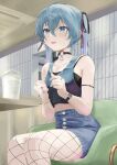  1girl absurdres aqua_eyes aqua_hair aqua_nails armlet bangs bare_shoulders black_choker cafe chair choker coffee_cup collarbone cup denim denim_skirt disposable_cup earrings feet_out_of_frame fishnet_pantyhose fishnet_thighhighs fishnets hair_between_eyes hair_ribbon hatsune_miku high-waist_skirt highres hxk4_n indoors jewelry long_hair looking_at_another midriff nail_polish open_mouth pantyhose ribbon ring sitting skirt solo table tank_top thighhighs thighs twintails vocaloid watch wristband wristwatch 