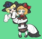  2girls apron black_capelet black_eyes black_footwear black_gloves black_headwear black_skirt black_vest blonde_hair blue_bow blue_eyes blush bow bowtie braid bright_pupils brown_apron bseibutsu buttons capelet cookie_(touhou) gloves green_background hair_bow hat hat_bow kirisame_marisa long_skirt looking_afar looking_at_another mary_janes medium_bangs meguru_(cookie) multiple_girls open_mouth purple_bow red_bow red_bowtie shirt shoes short_hair side_braid simple_background single_braid skirt skirt_set sleeves_past_fingers sleeves_past_wrists socks standing thick_eyebrows touhou turtleneck v-shaped_eyebrows vest waist_apron white_apron white_pupils white_shirt white_socks witch_hat yuuhi_(cookie) 