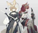  2girls akechi_(826988799) animal_ears arknights armor black_dress black_skirt blonde_hair breasts bridal_veil cape capelet chinese_commentary cleavage cleavage_cutout clothing_cutout commentary_request crossed_legs dorothy_(arknights) dorothy_(hand_of_destiny)_(arknights) dress elbow_gloves feather_hair feet_out_of_frame fiammetta_(arknights) fiammetta_(divine_oath)_(arknights) gauntlets gloves gradient_background greatsword greaves grey_background highres holding holding_sword holding_weapon knee_cutout long_sleeves looking_to_the_side medium_breasts mouse_ears multiple_girls official_alternate_costume rapier red_cape red_eyes red_hair scratches shirt short_hair skirt sword thighhighs veil weapon white_capelet white_shirt white_thighhighs wiping_mouth yellow_eyes 