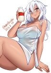  1girl absurdres apron bottle breasts cleavage cowboy_shot dark-skinned_female dark_skin dated highres holding holding_bottle kantai_collection katou_shinobu large_breasts long_hair milk milk_bottle musashi_(kancolle) naked_apron no_eyewear one-hour_drawing_challenge red_eyes simple_background sitting solo twitter_username white_background white_hair 