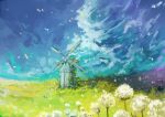  axleaki blue_sky cloud commentary day field flower flower_field grass highres no_humans original outdoors ruins scenery sky windmill 