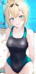  1girl absurdres aqua_eyes bare_shoulders black_one-piece_swimsuit blonde_hair breasts competition_swimsuit covered_navel green_one-piece_swimsuit hair_between_eyes hairband highleg highleg_swimsuit highres hololive kazama_iroha kudoukudokudo large_breasts long_hair looking_at_viewer multicolored_clothes multicolored_swimsuit one-piece_swimsuit open_mouth ponytail short_ponytail solo swimsuit thighs trembling two-tone_swimsuit virtual_youtuber wet 