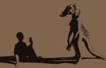  anthro breasts duo female female_anthro gesture hi_res human looking_at_another male male/female mammal meandraco monster shadow simple_background sitting sitting_on_ground spines tusks waving waving_hand 