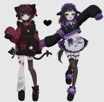  2girls :&lt; absurdres animal_ears apron asymmetrical_legwear bell belt_collar black_apron black_footwear black_hair black_jacket black_tail blunt_bangs bow cat_ears closed_mouth collar dog_ears frilled_apron frills full_body heart highres jacket jingle_bell jirai_kei legwear_garter looking_at_viewer loose_socks medium_hair midriff_peek mismatched_legwear multiple_girls open_mouth original purple_armband purple_eyes purple_headwear red_bow red_eyes red_headwear safety_pin simple_background sleeves_past_fingers sleeves_past_wrists socks standing tail tail_bow tail_ornament thighhighs uu3cm waist_apron white_apron white_socks 