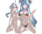  2girls absurdres ahoge ass_visible_through_thighs bikini black_bikini blue_eyes blue_hair breasts breasts_apart closed_mouth collarbone commission commissioner_upload expressionless flat_chest full_body hair_between_eyes hand_on_another&#039;s_waist highres hikaru_aruka horns kiseijou_rei_(goddess_form) kneeling large_breasts light_blue_hair long_hair looking_at_viewer multiple_girls navel neptune_(series) non-web_source power_symbol power_symbol-shaped_pupils red_eyes short_hair_with_long_locks sidelocks sign smile stomach swimsuit symbol-shaped_pupils transparent_background v very_long_hair warning_sign white_bikini white_heart 