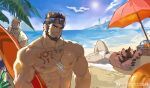  3boys abs absurdres alca_(wakatanka4) animal_ears bara beach beard beenic bulge chest_hair dog_boy extra_ears facial_hair goggles goggles_on_head gyee highres holding holding_surfboard large_pectorals lion_boy lion_ears looking_at_viewer lying male_focus mature_male multiple_boys muscular muscular_male mustache_stubble navel_hair nipples on_back original pectorals peeking_out romg run_(arun_six) sand seductive_smile short_hair smile stomach strongman_waist sunlight surfboard thick_eyebrows topless_male umbrella 