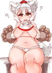  1girl ? absurdres animal_ear_fluff animal_ears animal_hands bare_shoulders bikini bikini_top_only breasts breasts_apart commentary_request curvy daruia_(sabitare) fangs fundoshi gloves hat highres inubashiri_momiji japanese_clothes large_breasts looking_at_viewer navel open_mouth paw_gloves pom_pom_(clothes) red_eyes red_headwear sagging_breasts short_hair sitting solo swimsuit tail thick_eyebrows tokin_hat touhou turtleneck white_background white_hair wolf_ears wolf_tail 