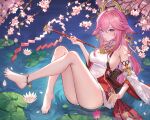  1girl animal_ears ankle_bell ankle_strap bare_legs bare_shoulders barefoot bell breasts cherry_blossom_print cherry_blossoms detached_sleeves earrings falling_petals feet floppy_ears floral_print foot_up fox_ears frog full_body genshin_impact gohei hair_between_eyes hair_ornament highres holding holding_gohei iino_(isnyong) jewelry jingle_bell knees_up legs lily_pad long_hair looking_at_viewer medium_breasts nail_polish necklace nontraditional_miko petals pink_hair pink_nails purple_eyes red_skirt shirt sideboob sitting_on_water skirt sleeveless sleeveless_turtleneck smile solo thighs toenails toes turtleneck water white_shirt wide_sleeves yae_miko 