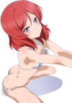  1girl absurdres arms_up ass bikini blush breasts butt_crack commentary highres looking_at_viewer love_live! love_live!_school_idol_project nishikino_maki purple_eyes red_hair shiny_skin short_hair shou937 side-tie_bikini_bottom simple_background sitting small_breasts solo swimsuit white_background white_bikini 