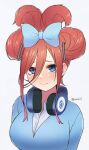  1girl 3: alternate_hairstyle artist_name blue_bow blue_eyes blue_sweater blush bow breasts brown_hair cinnamiku collared_shirt commentary_request embarrassed eyebrows_hidden_by_hair frown furrowed_brow go-toubun_no_hanayome hair_bow hair_over_one_eye hatsune_miku headphones headphones_around_neck highres irarei_(araisanblog) large_breasts long_hair looking_at_viewer nakano_miku paid_reward_available partial_commentary school_uniform shirt sidelocks simple_background solo straight-on sweat sweater twitter_username upper_body white_background white_shirt 