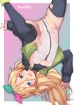  1girl alice_gear_aegis artist_name black_jacket black_thighhighs blonde_hair blue_eyes breasts chou_tokkyu_hikarian circle_cutout cleavage_cutout clothing_cutout companion/af cowboy_shot front_zipper highleg highleg_leotard highres jacket leotard long_hair miyaminami_hikari open_clothes open_jacket puddinghomhom race_queen small_breasts solo thighhighs turtleneck upside-down white_leotard 