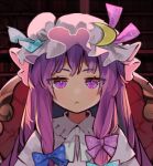  2girls :&lt; chair closed_mouth commentary_request crescent crescent_hat_ornament expressionless eyes_visible_through_hair hat hat_ornament indoors jitome koakuma light_blush long_hair looking_at_viewer mob_cap multiple_girls patchouli_knowledge purple_eyes purple_hair solo_focus straight-on syuri22 touhou 