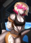  2023 absurd_res anthro asteria black_bra black_clothing black_underwear bra breasts cleavage clothed clothing digital_media_(artwork) fish hi_res looking_at_viewer marine patreon patreon_username planet presenting presenting_breasts shark smile solo space spacecraft spacesuit star text underwear url vehicle xaenyth 