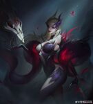  1girl absurdres artist_name blonde_hair breasts bug butterfly claw_(weapon) cleavage closed_mouth coven_evelynn cowboy_shot evelynn_(league_of_legends) eyeshadow fog forest hair_slicked_back highres large_breasts league_of_legends looking_at_viewer makeup moonlight nature night official_alternate_costume official_alternate_hairstyle outdoors red_butterfly red_eyes smile solo standing sydney_lily weapon 