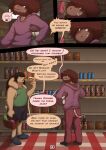  anthro asinus azathura bottomwear brown_body brown_fur clothing comic dialogue donkey duo english_text equid equine eyewear fur glasses grocery_store hi_res hoodie hybrid lagomorph leporid male mammal marcus_(azathura) overweight pants rabbit shirt shopping slim tank_top text topwear zebra 