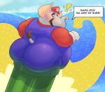  anthro belly big_butt butt clothed clothing damingo digital_media_(artwork) elephant elephant_mario elephantid headgear headwear hi_res male mammal mario mario_bros nintendo overweight overweight_male proboscidean solo stuck text 