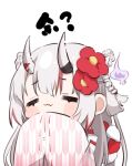  1girl :3 blush chibi closed_eyes flower grey_hair hair_flower hair_ornament hitodama hololive horns long_hair mashiro_io multicolored_hair nakiri_ayame oni_horns red_hair simple_background sleeves_past_fingers sleeves_past_wrists solo streaked_hair upper_body virtual_youtuber white_background yagasuri 